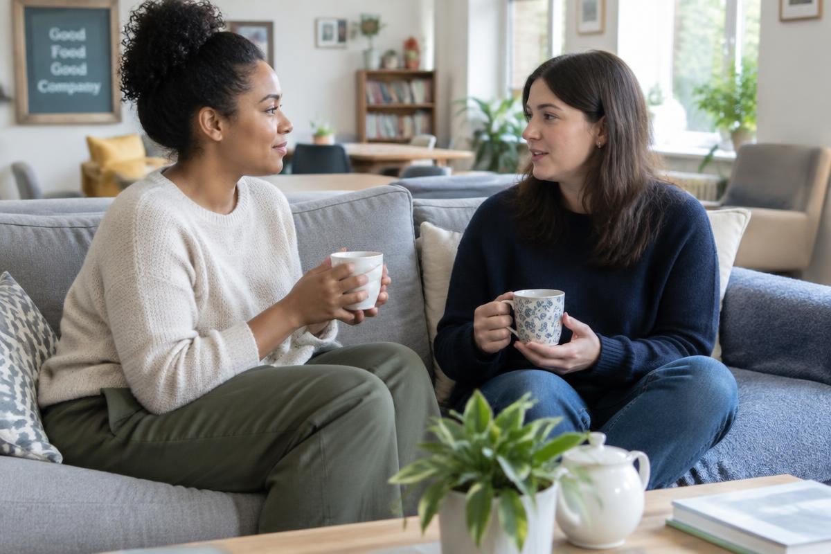 Two people talking over a cup of tea in a comfortable shared lounge
