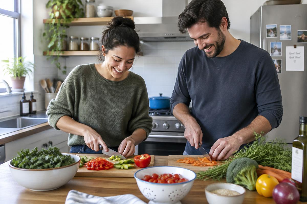 Illustrative two people cooking a healthy meal