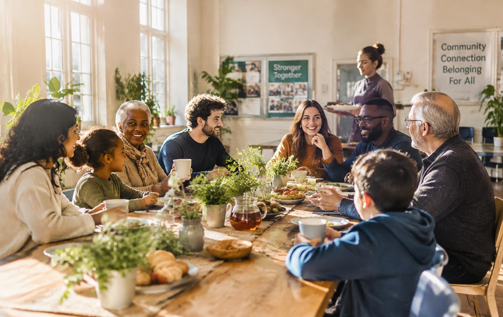 People sharing food and conversation around a long table in a bright community hall