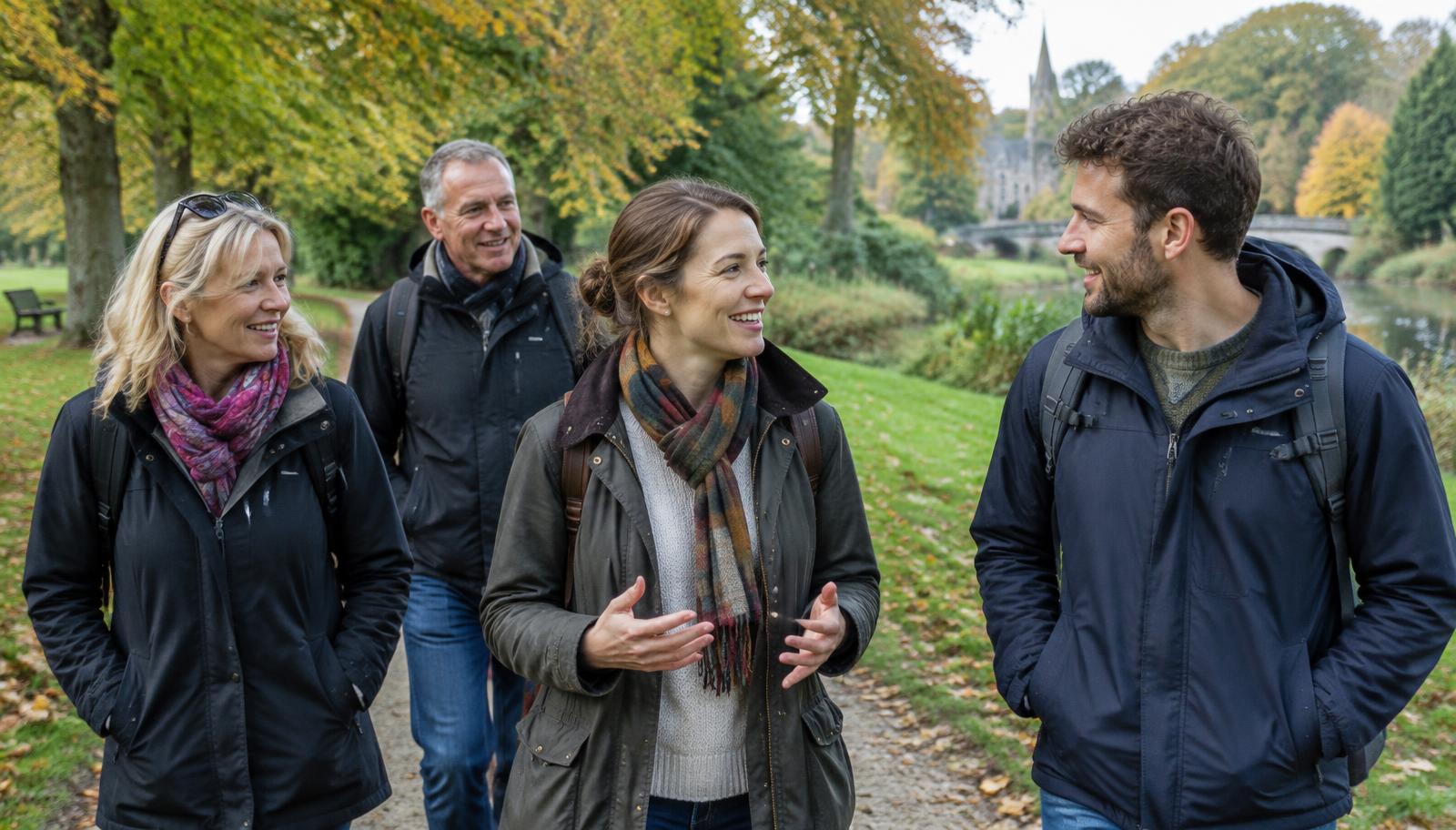 Illustrative group of adults walking and chatting in a park